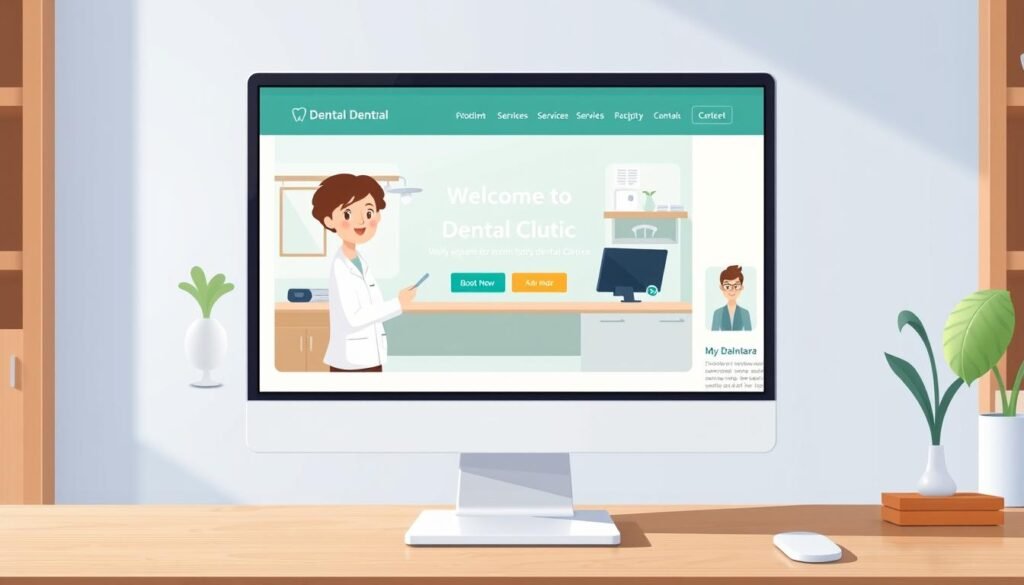 Create an image of a modern dental clinic website on a desktop screen