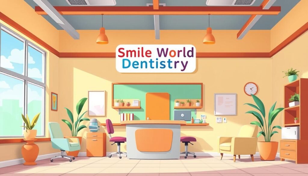 Generate an image of a bright, welcoming dental office with a sign that reads "Smile World Dentistry"
