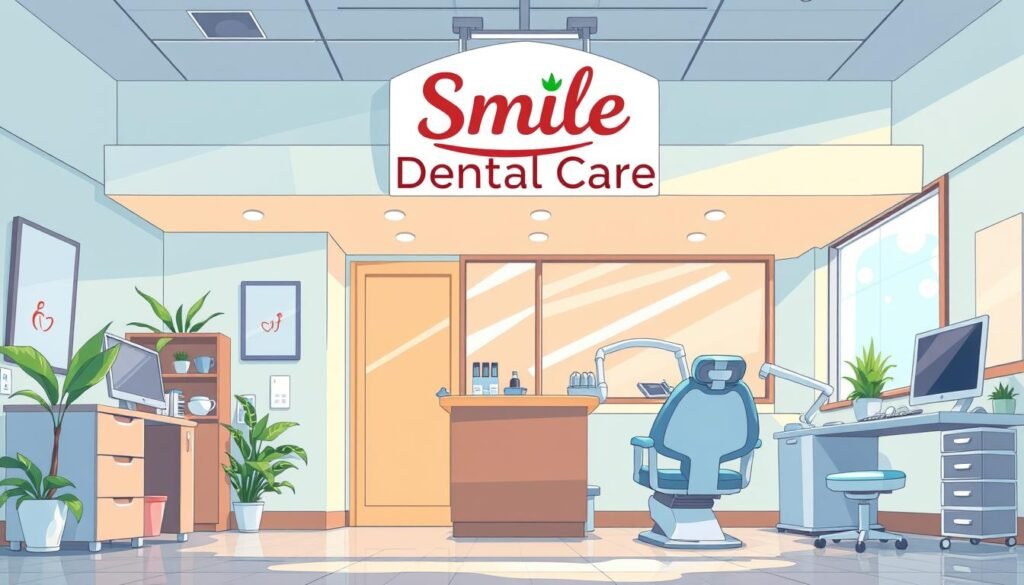 Generate an image of a dental office with a sign that reads "Smile Dental Care"