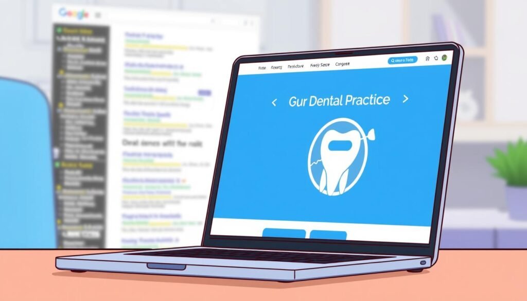 Generate an image of a dental practice website on a laptop screen with a search engine results page (SERP) in the background.